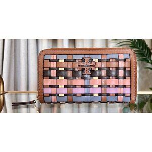 Tory Burch Womens Woven Leather Zip Wallet Multicolor Compact Design Brown Pink